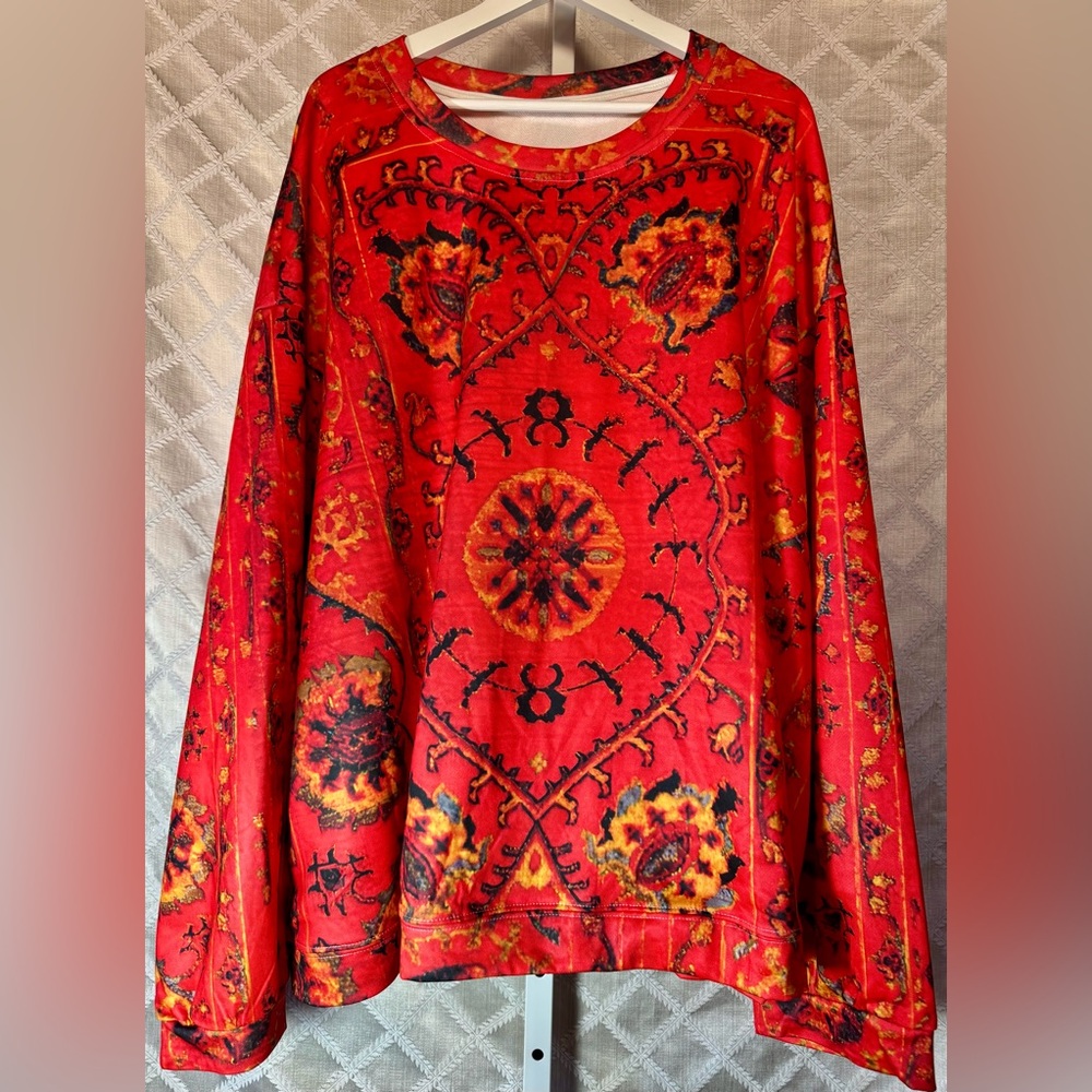 Bright Coral Crewneck Sweatshirt with Bohemian Print, 4X